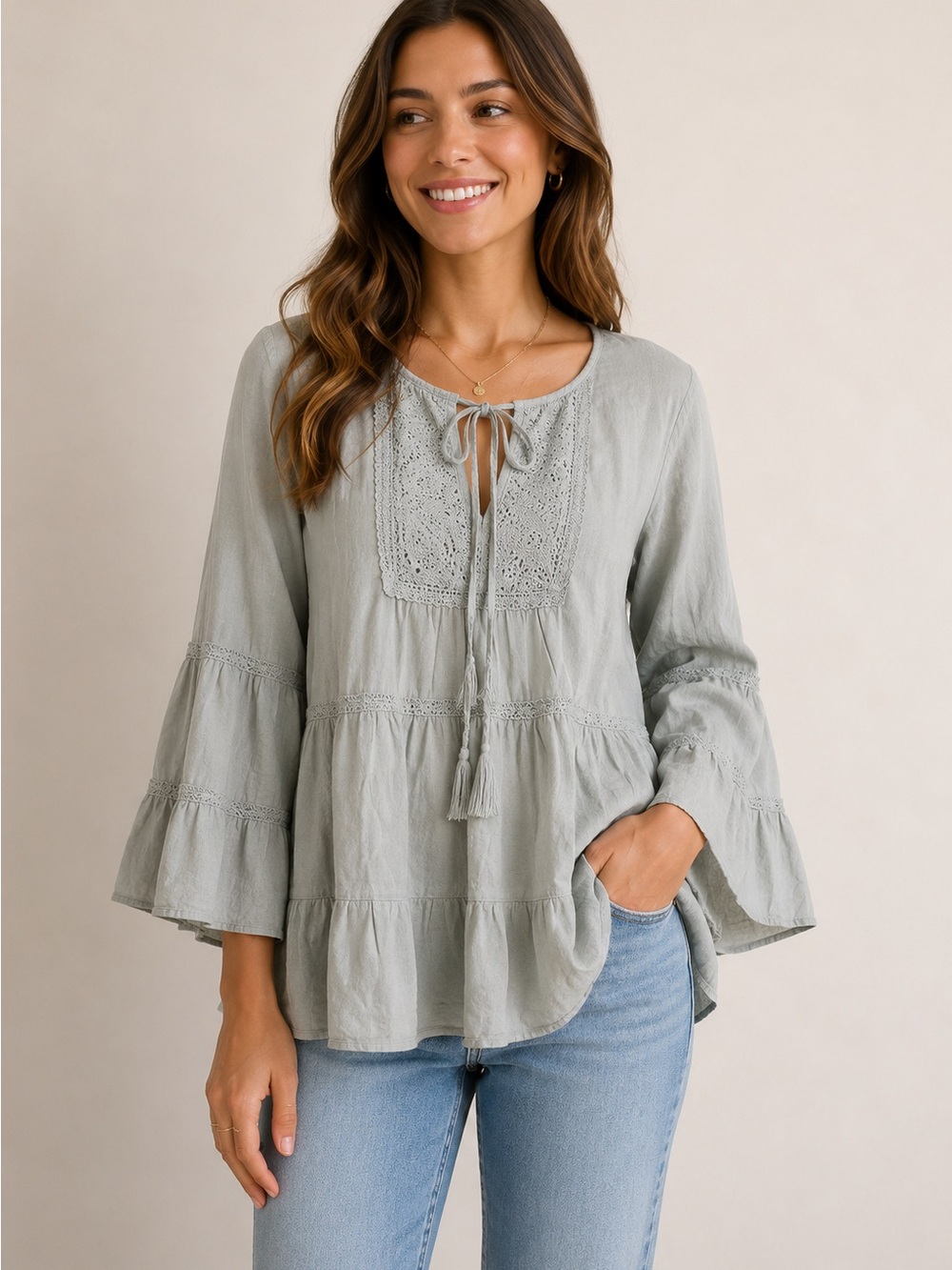 Peasant Top Prairie‎ Sage Boho Crochet Trumpet Festival Flax Womens Small